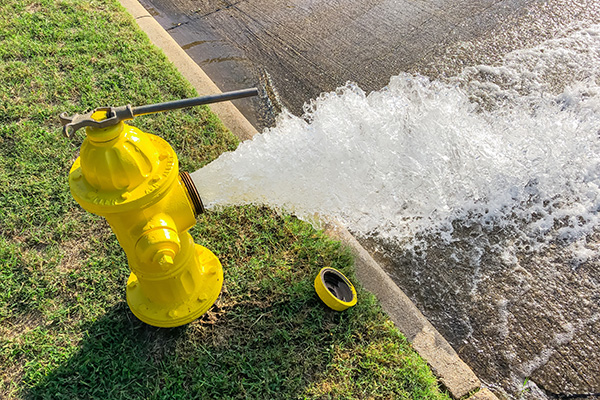 Top view yellow fire hydrant gushing water across a residential street near Dallas, Texas, America. Wide open gushing water to street with grainy effect where water falling back down over the pavement