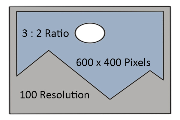Illustration of a 600x400 pixel image with a 3:2 ratio and resolution of 100, featuring a blue sky, white sun, and gray mountains.