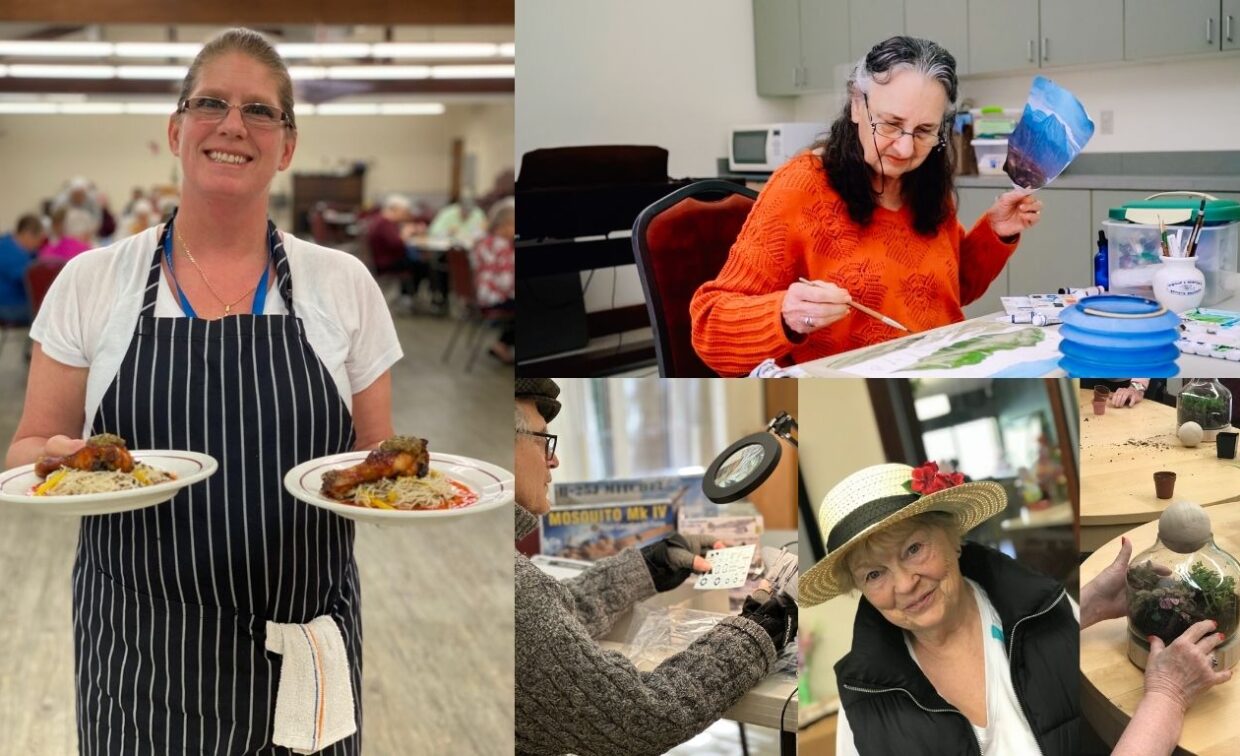 A collage showing seniors enjoying various activities: a woman serving food, a woman painting, a person playing bingo, a lady wearing a hat, and someone creating a terrarium.