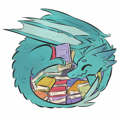 A teal dragon curled up and sleeping on a pile of colorful books, with one book resting under its paw.