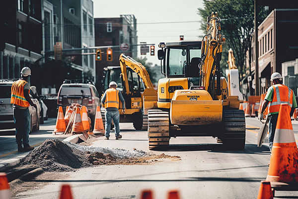 Construction workers in safety vests and helmets operate heavy machinery and surround a roadwork area with orange cones on a city street.