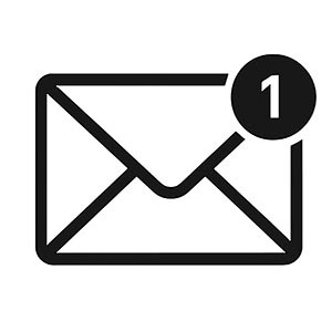 Black and white icon of an envelope with a notification badge displaying the number one in the upper right corner.