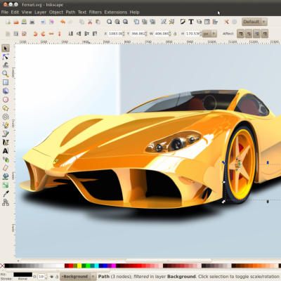 A digital illustration of a yellow sports car is being edited in Inkscape graphic design software on a Linux desktop interface.