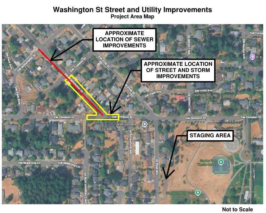 Aerial map showing locations of street, sewer, and storm improvements on Washington St, with a marked staging area in the lower right corner.