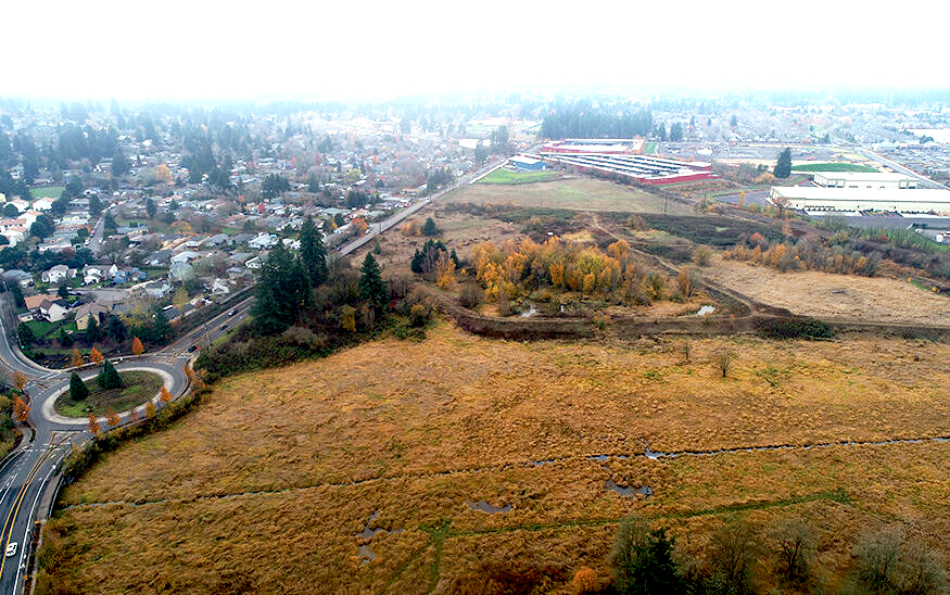 Aerial view of a grassy, open field bordered by trees, with a roundabout and residential neighborhood on the left, and buildings visible in the distance.