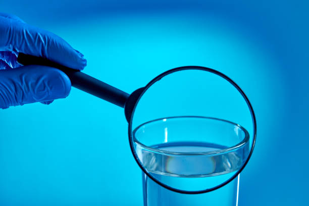 Picture of a latex gloved hand holding a magnifying glass over a beaker of water.