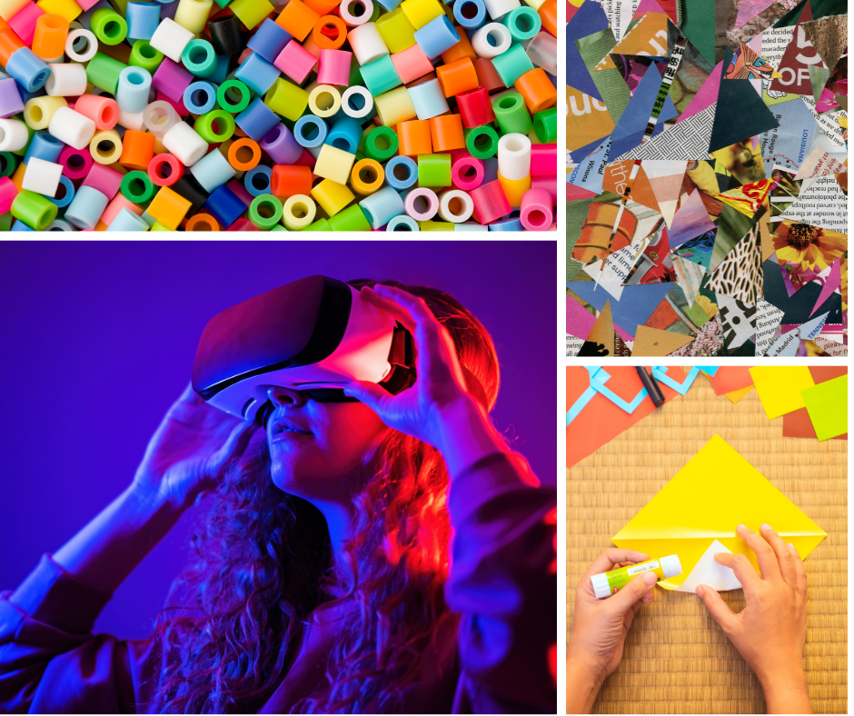 Collage of colorful plastic beads, cut paper collage art, person using a VR headset, and hands folding yellow origami paper.