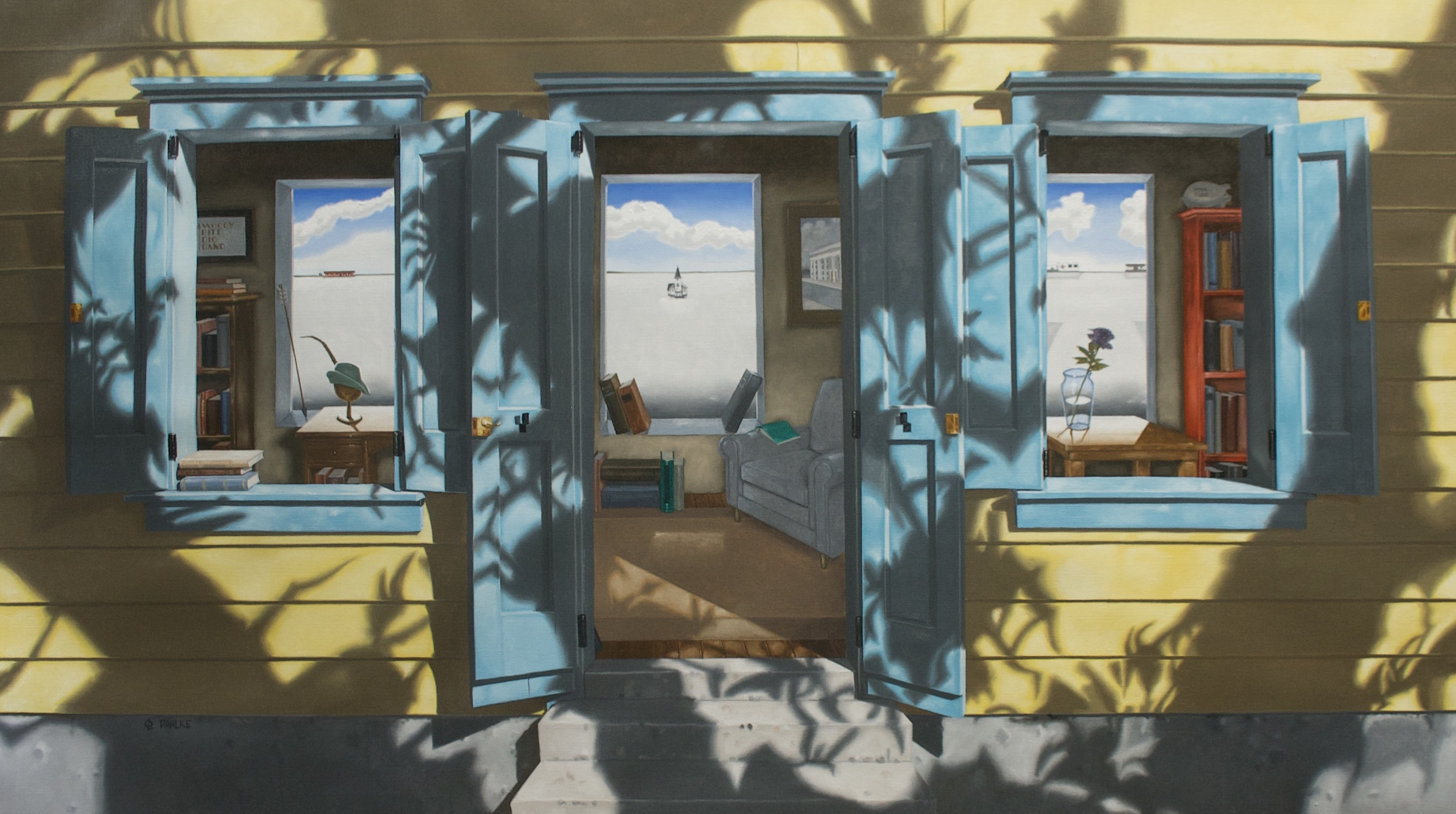 A yellow house with three blue open windows and a door; inside, a living room with a sofa, bookshelves, and a lamp is visible. Shadows of tree branches fall across the exterior wall.