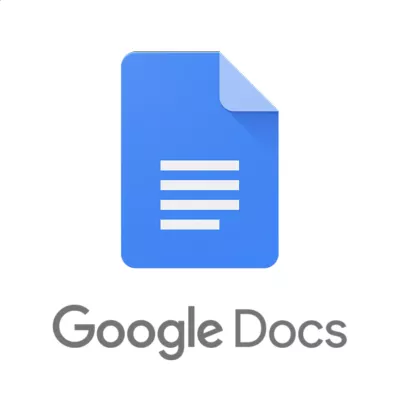 Google Docs logo featuring a blue document icon with white horizontal lines and a folded corner, above the text 