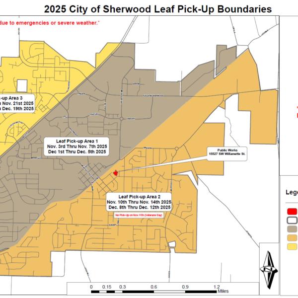 Map showing 2025 Sherwood, Oregon leaf pick-up boundaries, areas, schedules, and locations of public works. Legend indicates zones and public streets for leaf pick-up only.