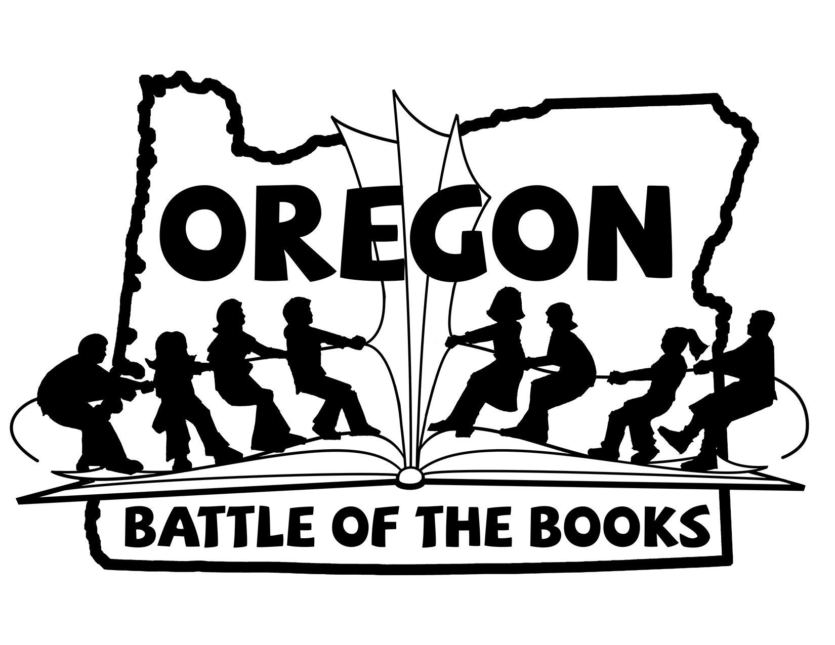 Black and white logo featuring children playing tug-of-war on a book, with the text 