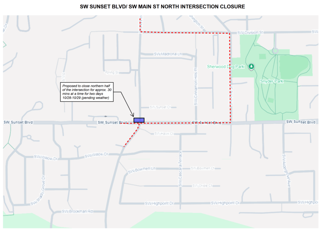 Map showing the planned closure of SW Main St north of SW Sunset Blvd, with a detour route marked due to construction from 10/28–10/29, pending weather.