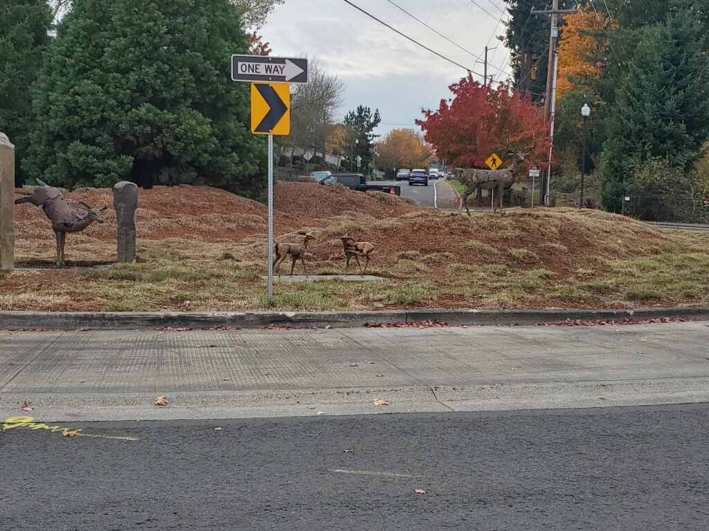 Three deer sculptures stand on a grassy median next to a “one way” street sign, with autumn trees and a residential street in the background.