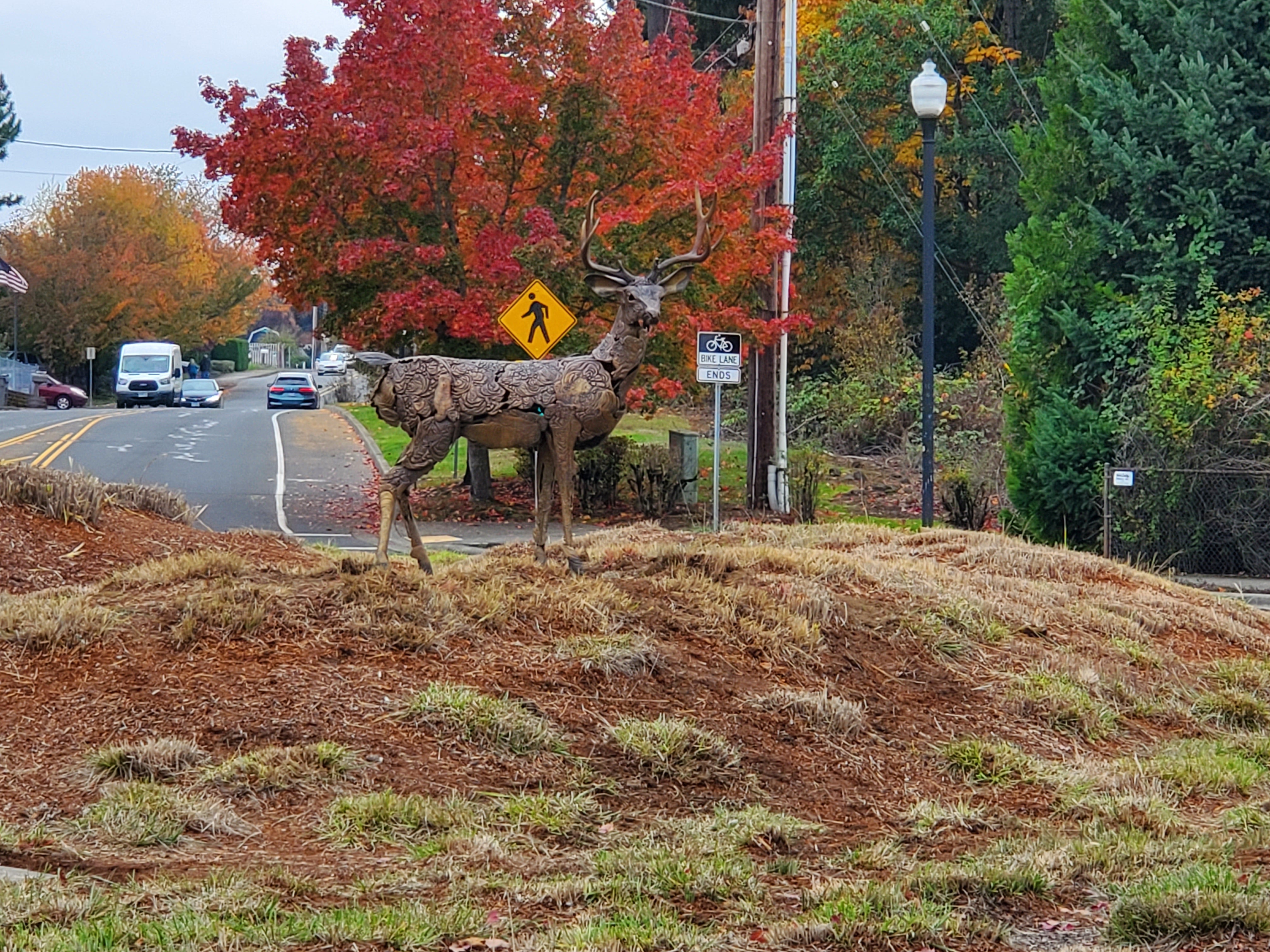 A metal deer sculpture stands on a grassy median near a road with autumn trees, a crosswalk sign, and parked cars in the background.