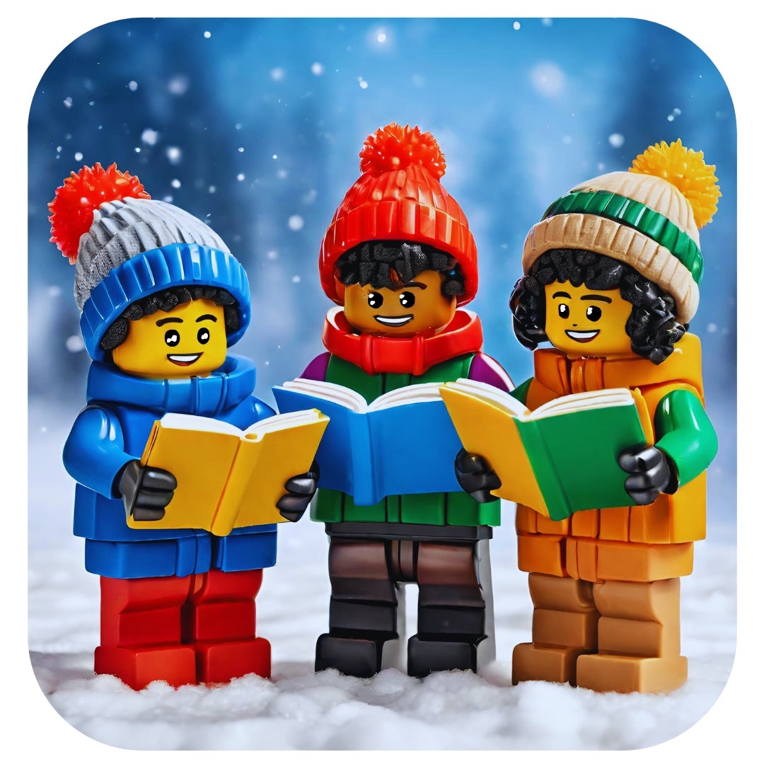 Three LEGO figures dressed in winter clothes and hats stand in snow, holding open books and appearing to sing or read together against a snowy, blurred background.