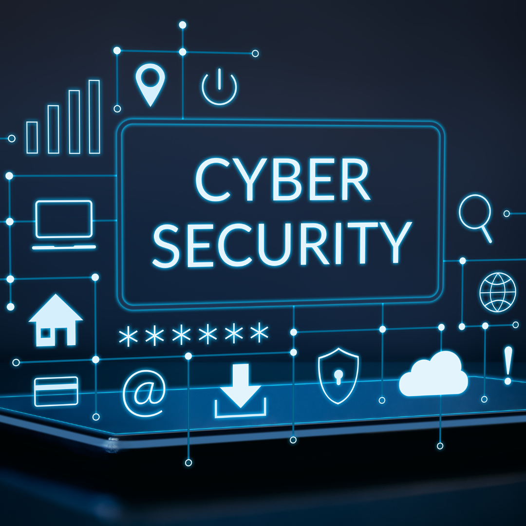 A digital graphic with the words "Cyber Security" surrounded by technology and security-related icons, displayed above a tablet device.