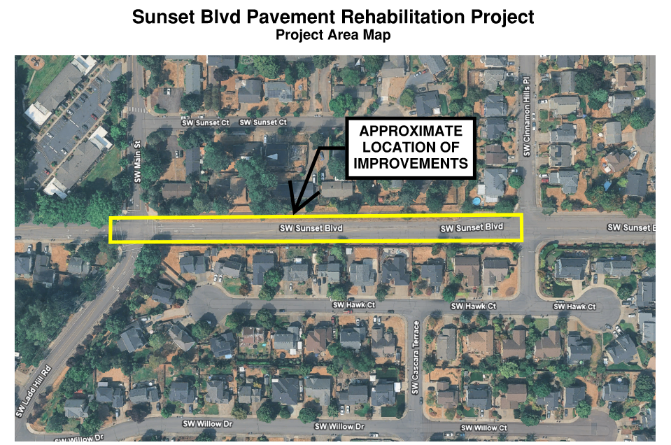 Aerial view of Sunset Blvd with a highlighted section labeled “Approximate Location of Improvements” for a pavement rehabilitation project. Surrounding streets and houses are visible.