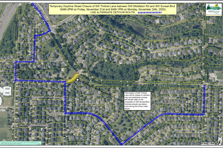 Map showing a temporary daytime street closure on SW Timbrel Lane with a detour route marked in blue through nearby residential streets; closure dates and times listed at the top.