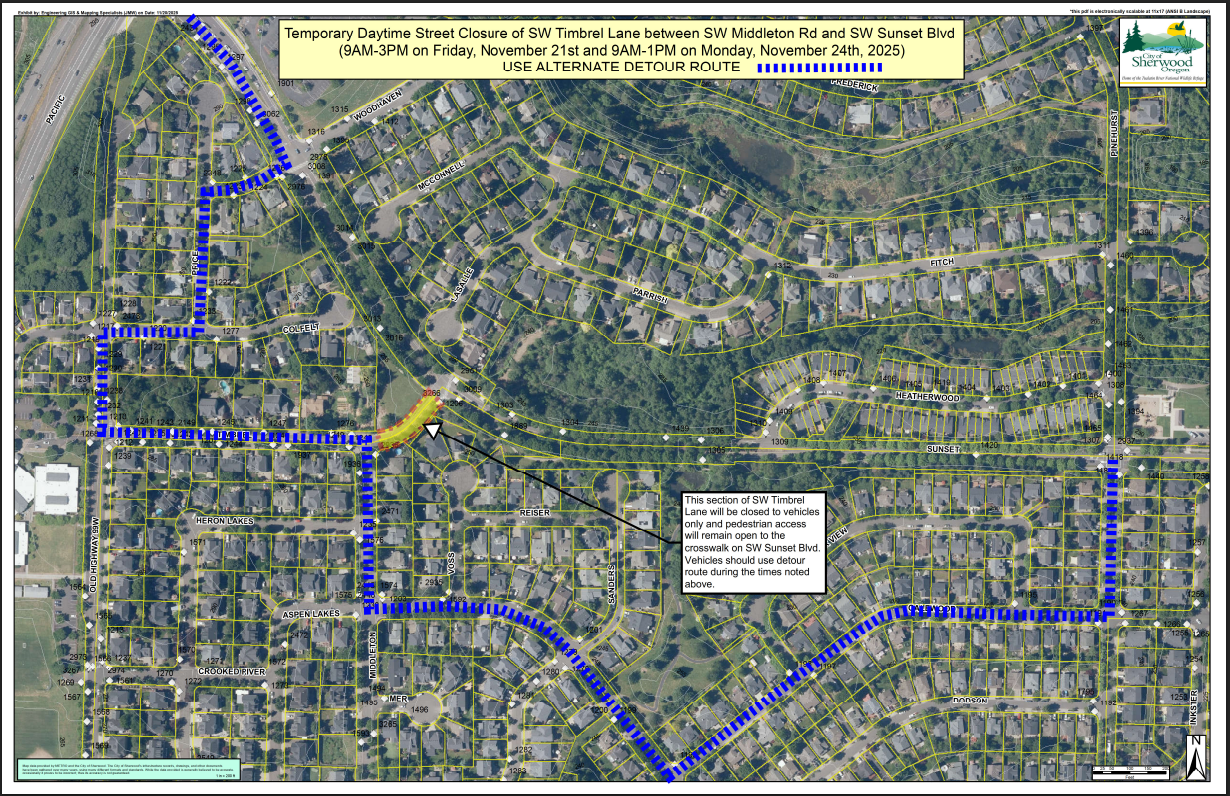Map showing a temporary daytime street closure on SW Timbrel Lane with a detour route marked in blue through nearby residential streets; closure dates and times listed at the top.