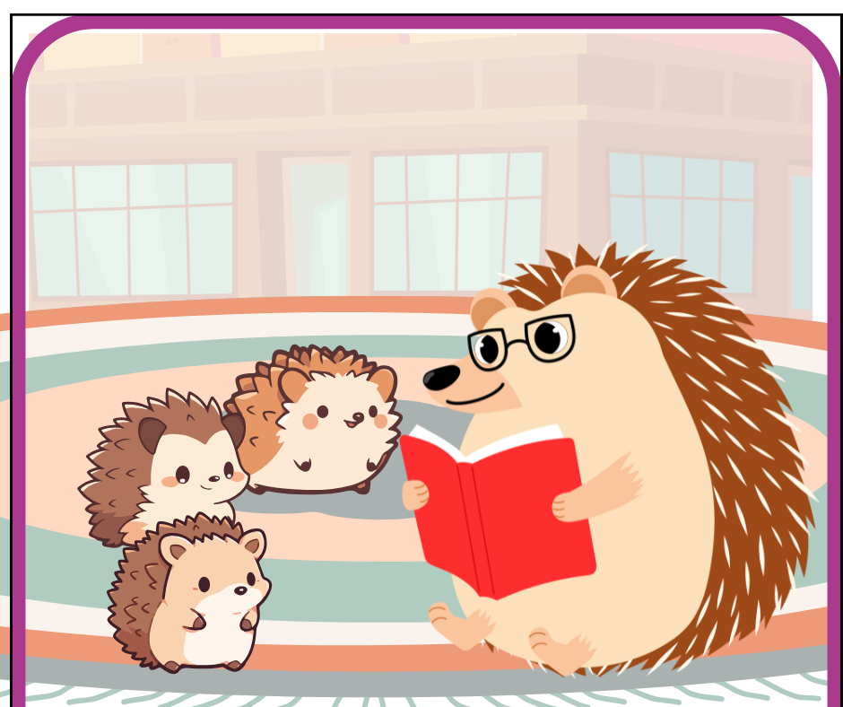 An illustrated hedgehog wearing glasses reads a red book to three smaller hedgehogs while sitting outdoors in front of a building.