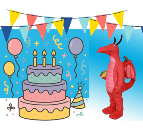 A person in a red dragon costume stands next to an illustrated birthday scene with a three-tier cake, balloons, bunting, and party hat.