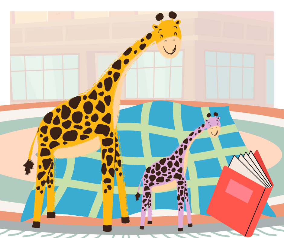 Two cartoon giraffes, one large and one small, stand next to an open book on the floor with a blue and green blanket in the background.