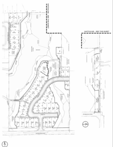 Black and white subdivision plat map showing lot boundaries, street layouts, and topographic lines, with a matchline connecting two sections and north arrows for orientation.
