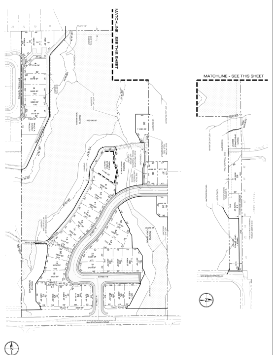 Black and white subdivision plat map showing lot boundaries, street layouts, and topographic lines, with a matchline connecting two sections and north arrows for orientation.