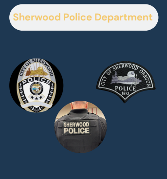Sherwood Police Department logos, uniform patch, and the back of an officer’s vest labeled "Sherwood Police" on a dark blue background.