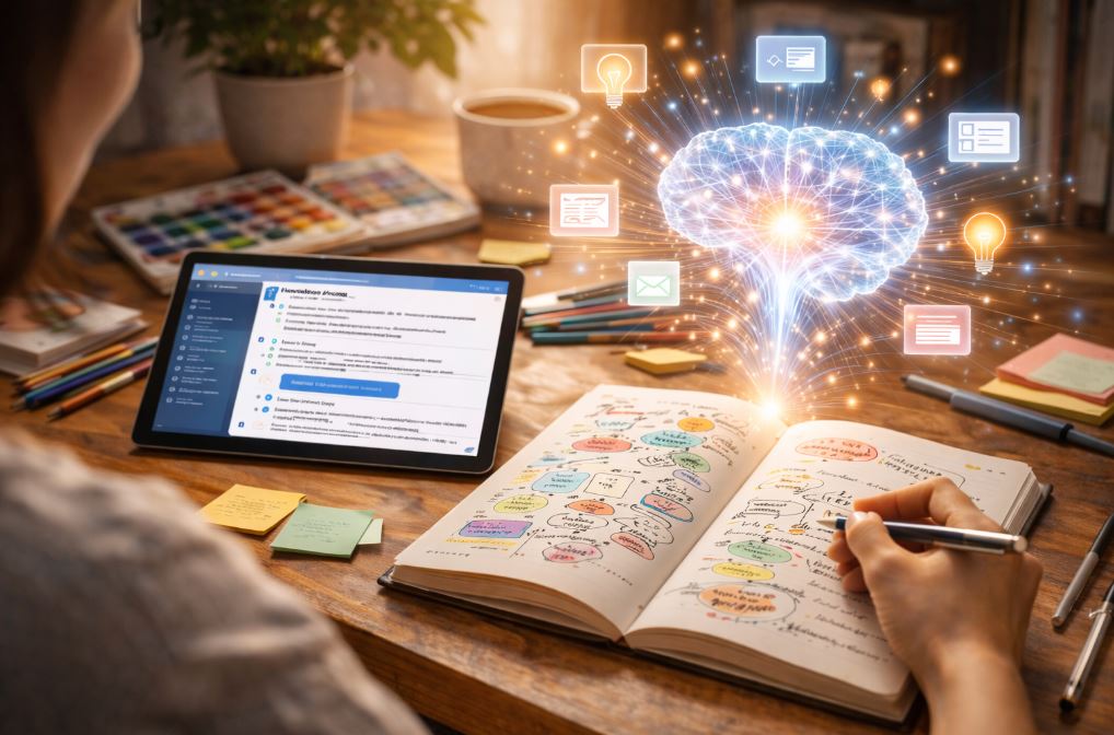 Person writing in a notebook at a desk with a tablet, sticky notes, and a glowing digital brain illustration symbolizing brainstorming or learning.
