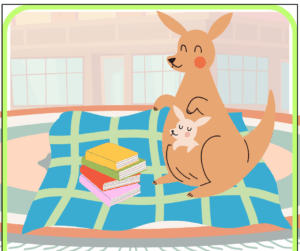 A kangaroo with a joey in its pouch sits on a blanket next to a stack of colorful books.