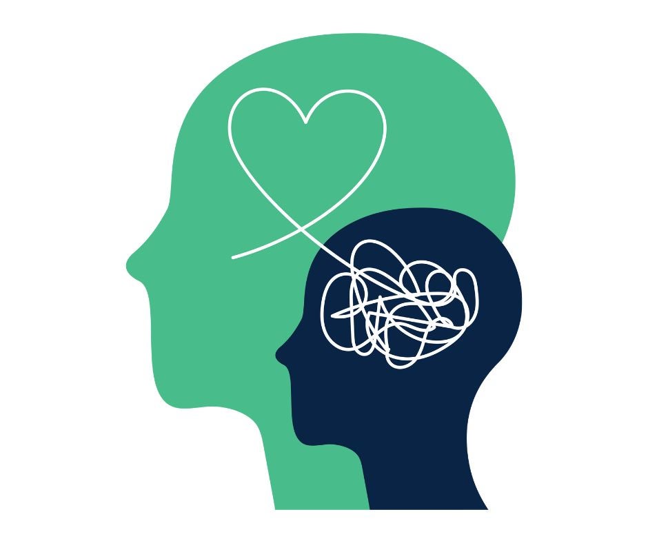 Two overlapping head silhouettes; the larger head contains a heart outline, while the smaller head contains a tangled line inside the brain area.