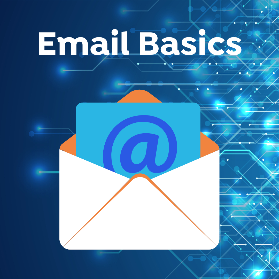 An open envelope with a blue card showing the email "@" symbol, set against a digital network background with the text "Email Basics" at the top.