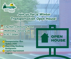 Flyer for Sherwood, Oregon’s Winter Transportation Open House at City Hall on January 28, 4:30-7:00pm, listing topics like TSP update, roadway realignment, and improvement projects.