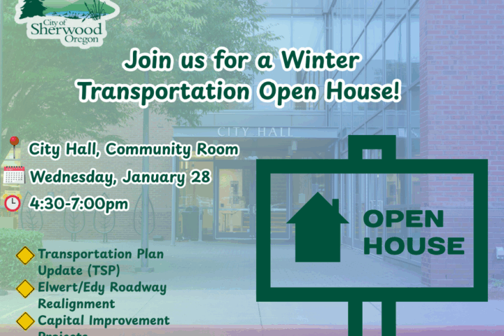 Flyer for Sherwood, Oregon’s Winter Transportation Open House at City Hall on January 28, 4:30-7:00pm, listing topics like TSP update, roadway realignment, and improvement projects.