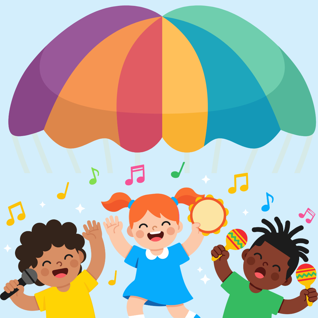 Three children joyfully play musical instruments under a large, colorful parachute with musical notes floating around them.
