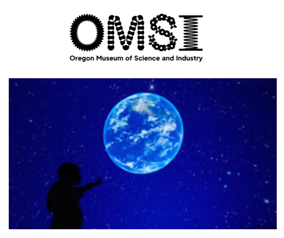 OMSI logo above a silhouette of a person reaching toward a glowing, blue Earth against a starry background.