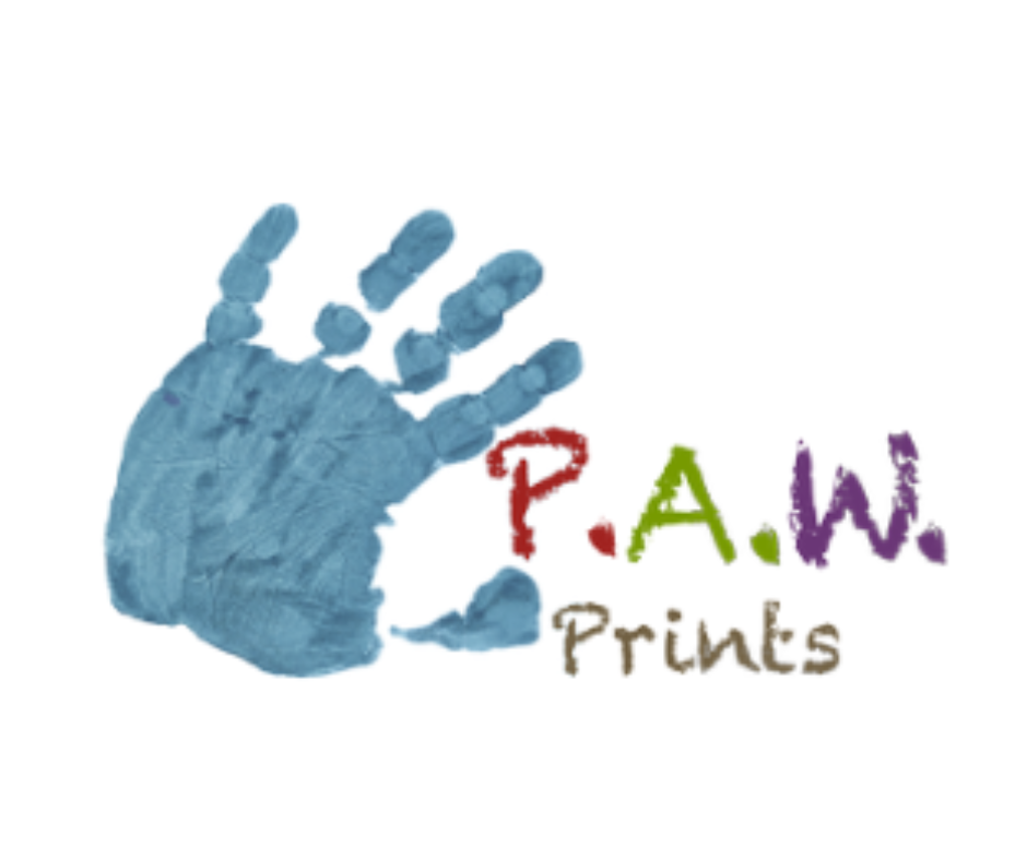 A blue handprint appears next to the text “P.A.W. Prints” in red, green, purple, and brown letters on a white background.