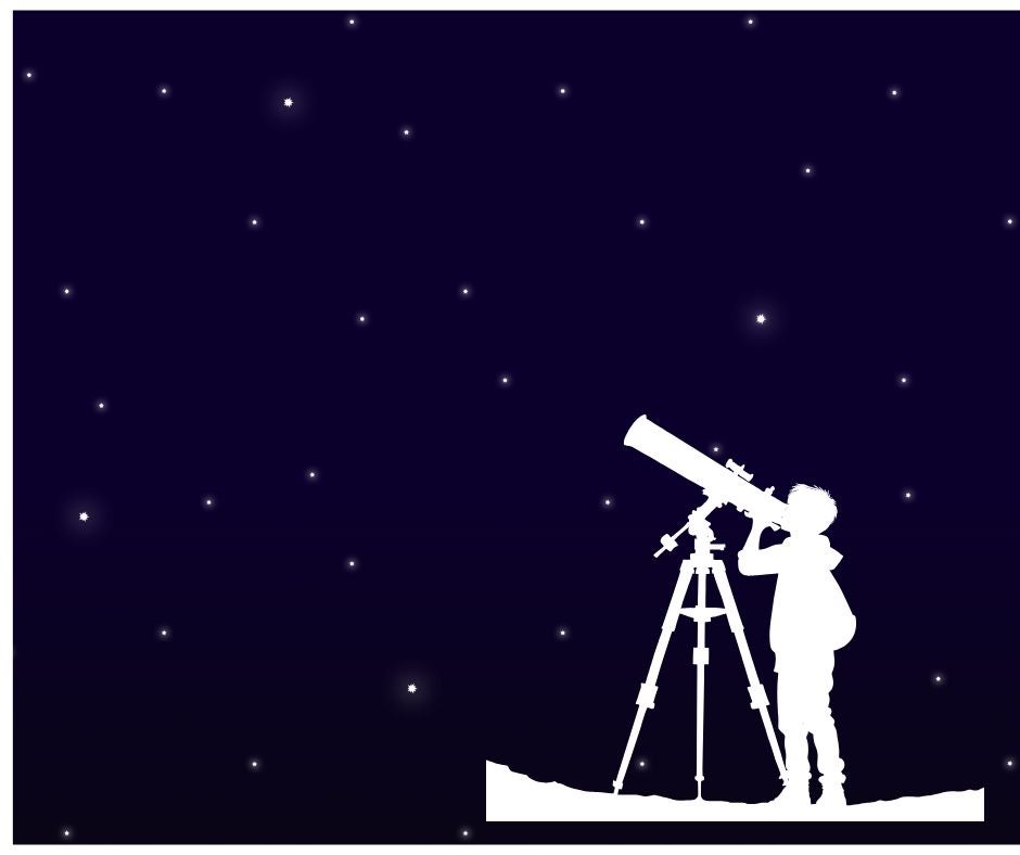 A silhouette of a person looking through a telescope at a star-filled night sky.