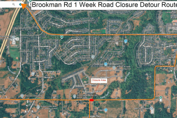 A satellite map shows a detour route in orange for a one-week closure of Brookman Rd, with start and end points marked by arrows and the closure area highlighted in red.