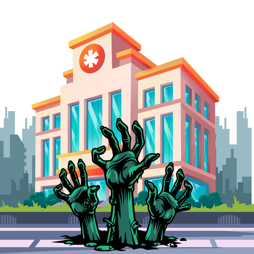 Three zombie hands emerge from the ground in front of a modern hospital building with a medical symbol on its facade.