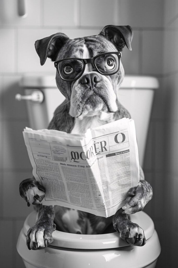A dog wearing glasses sits on a toilet while holding and reading a newspaper in a bathroom.