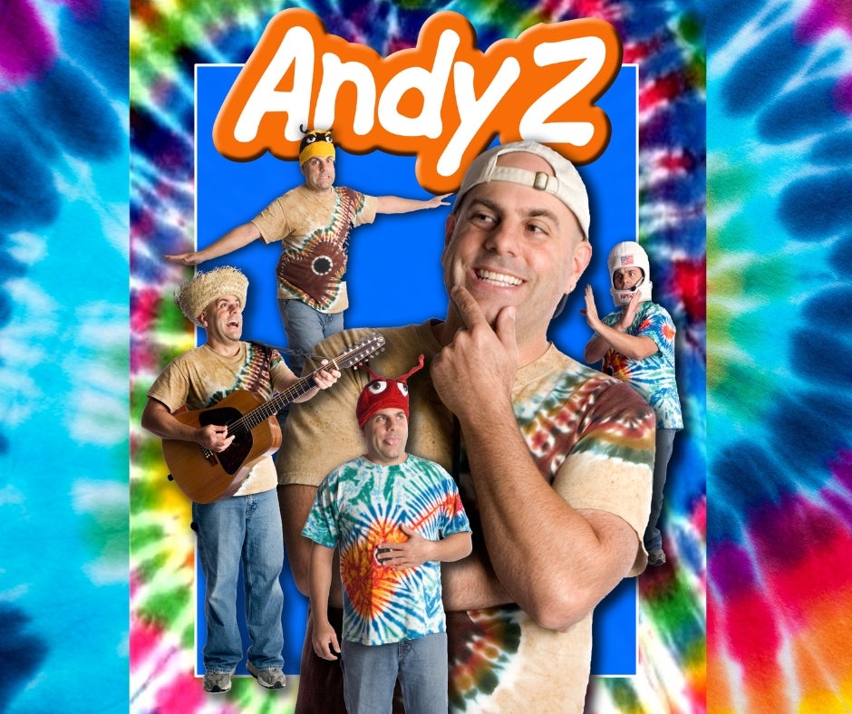 A collage of a man in tie-dye shirts posing in various costumes and playing a guitar, with "Andy Z" in bold orange letters at the top, set against a tie-dye background.