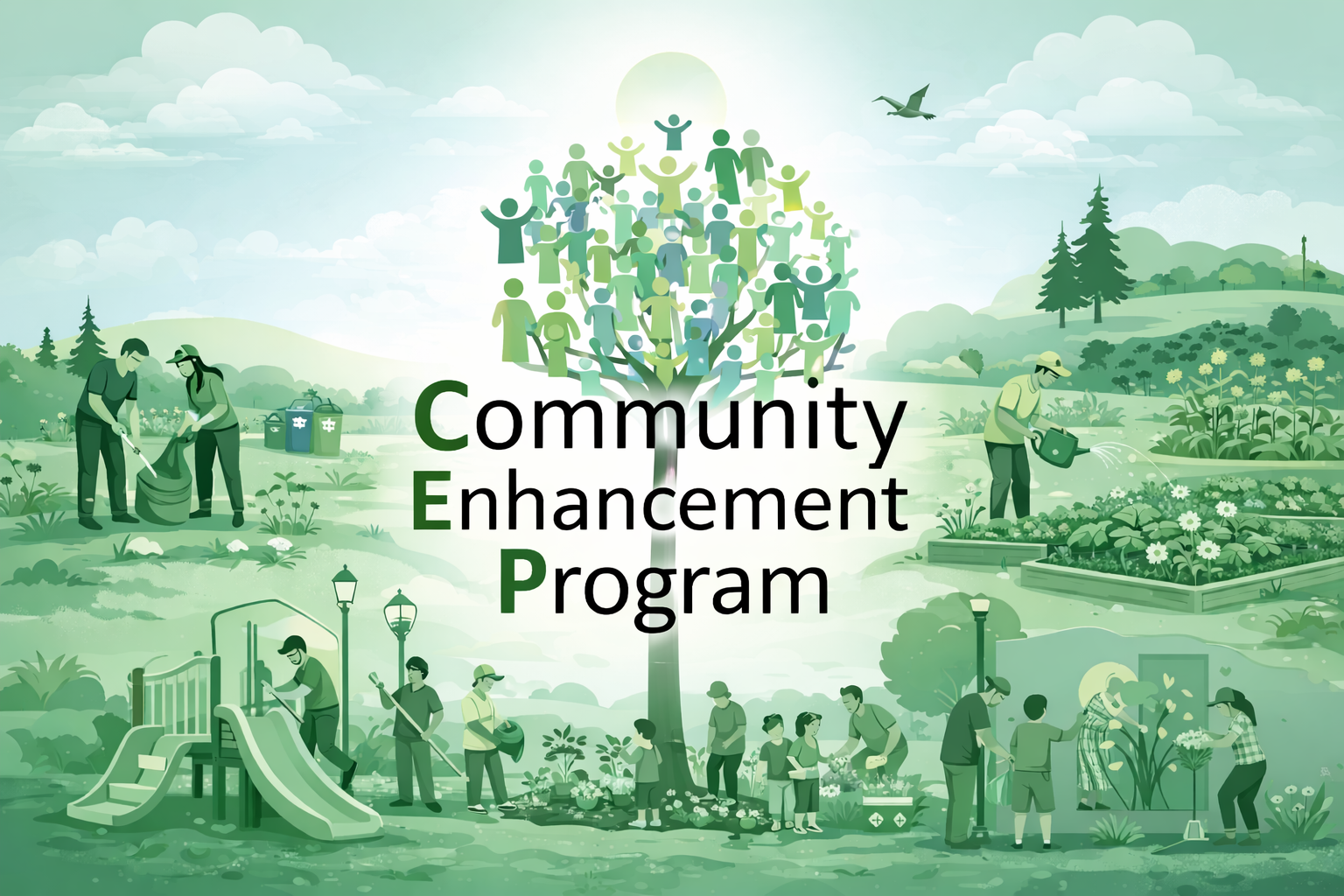 Illustration of people gardening, cleaning, and playing in a park, with 