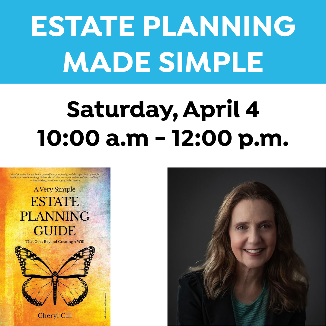 Estate Planning Made Simple event details with book cover titled "A Very Simple Estate Planning Guide" and a photo of a smiling woman with long brown hair.