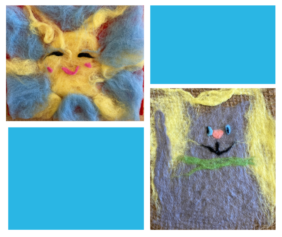 Two felted wool artworks: one features a smiling sun with yellow and blue rays, the other depicts a gray cat with yellow ears and a green collar. Plain blue rectangles fill the remaining spaces.