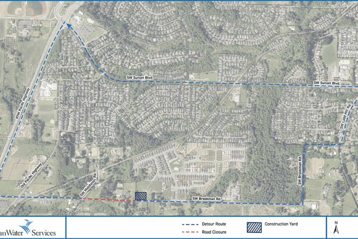 Aerial map showing a road closure on SW Brookman Rd between SW Hadden Dr and SW 209th Ave, with a marked detour route via SW 209th Ave, SW Farmington Rd, and SW Sunset Blvd.