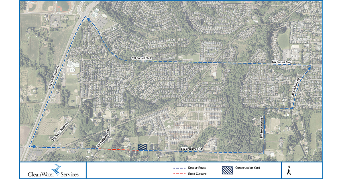 Aerial map showing a road closure on SW Brookman Rd between SW Hadden Dr and SW 209th Ave, with a marked detour route via SW 209th Ave, SW Farmington Rd, and SW Sunset Blvd.