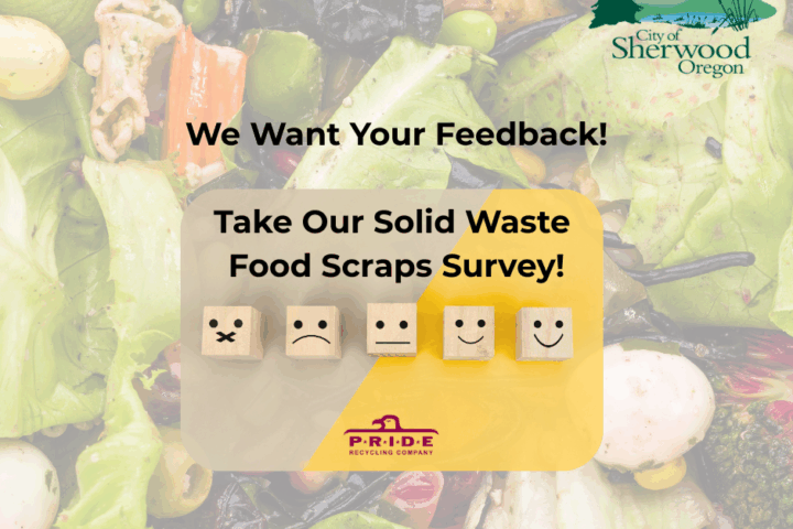 Solid food waste background with City of Sherwood, Oregon logo; message requests participation in a solid waste food scraps survey with four face icons and the P.R.I.D.E Recycling Company logo.