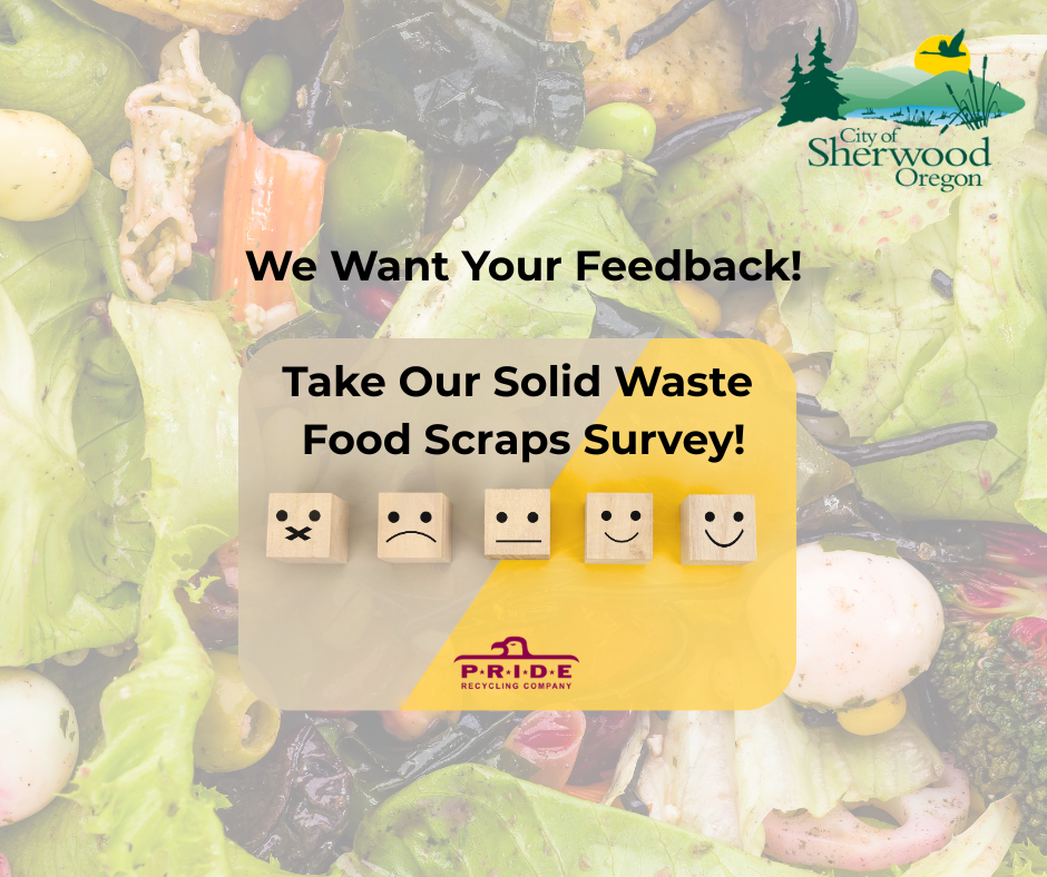 Solid food waste background with City of Sherwood, Oregon logo; message requests participation in a solid waste food scraps survey with four face icons and the P.R.I.D.E Recycling Company logo.